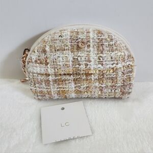 NWT LC Lauren Conrad Half Moon Sequin Rose Gold Tan White Tweed Zip Pouch